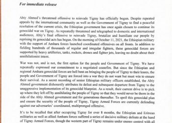Press Statement on Abiy’s ‘Final’ Offensive on the People of Tigray