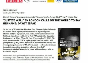 “JUSTICE WALL” IN LONDON CALLS ON THE WORLD TO SAYHIS NAME: DAWIT ISAAK